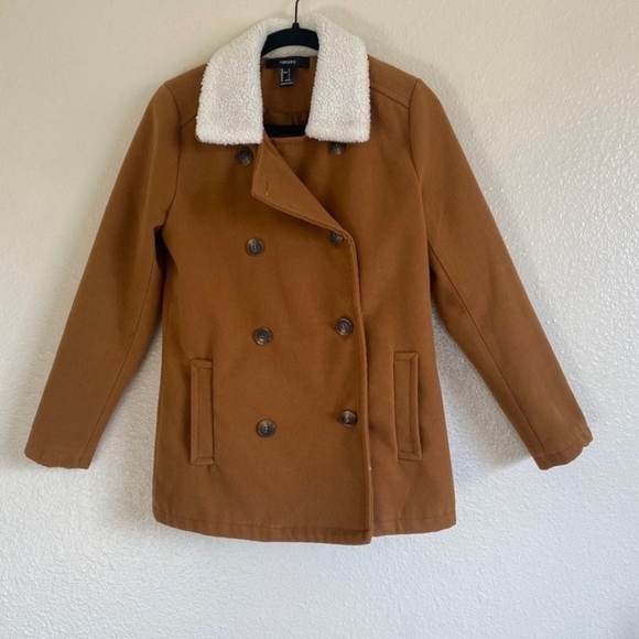 Forever 21 Tan Faux Fur Collar Brown Peacoat L Double Breasted Y2K Fall Winter - Picture 2 of 15